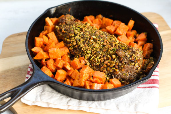 #AD This one-skillet pistachio crusted pork tenderloin recipe with roasted sweet potatoes is the perfect fast, healthy dinner!  It's also low carb and gluten free! 