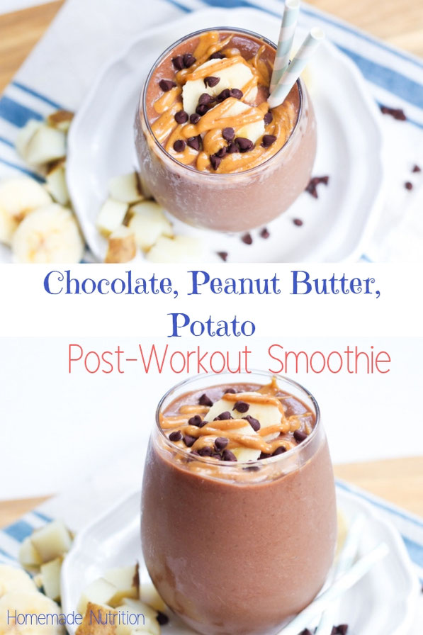 #ad This creamy, filling chocolate, peanut butter, and banana smoothie recipe is packed with post-workout goodness, including a healthy serving of carbohydrates from potatoes!  