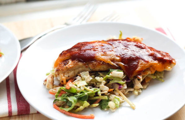 This easy cheesy barbecue chicken is the perfect healthy weeknight dinner recipe!  It's a family-friendly meal that's ready in just 15 minutes!