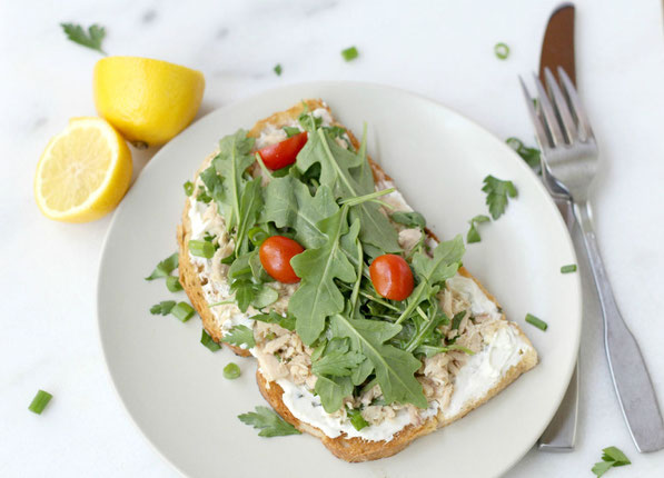 Light, healthy open-faced garden tuna sandwich recipe!  This twist on the tuna salad sandwich is perfect for spring and summer! 