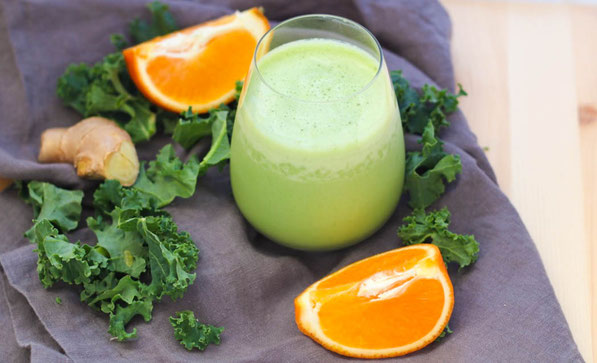 Kale, fresh ginger, and orange are a refreshing combination that makes this green smoothie completely satisfying and delicious!  Perfect healthy gluten free breakfast option! 