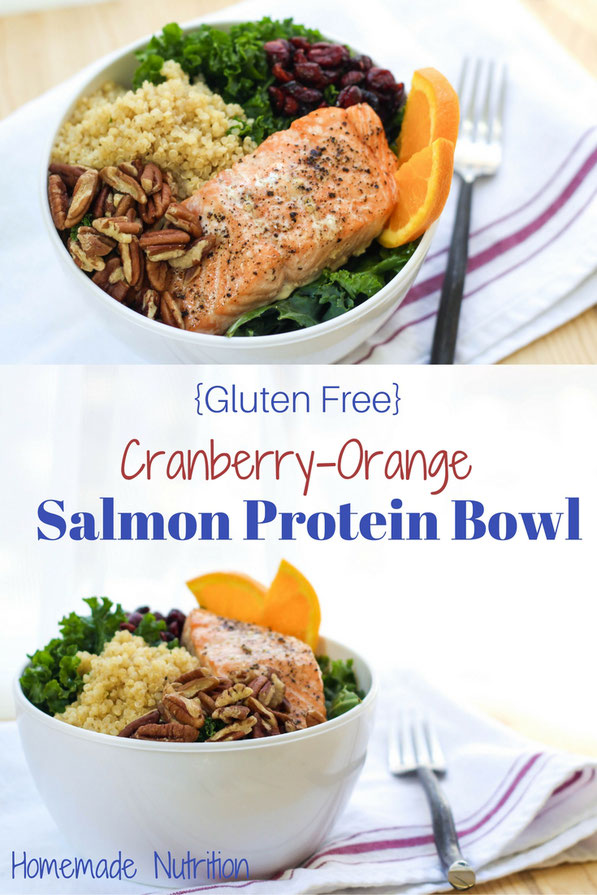 This colorful protein bowl recipe made with kale, salmon, quinoa, pecans, and cranberries is a protein-packed, fiber-filled healthy lunch that will keep you full and fueled all afternoon!