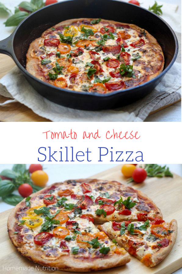 This light and healthy tomato and cheese skillet pizza is the perfect family-friendly vegetarian dinner recipe! 