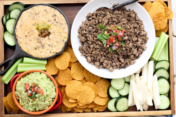 This is a three-in-one appetizer trio recipe everyone will love! And the addition of finely diced mushrooms along with fresh veggie sides make it a lighter option full of flavor and beautiful color, perfect for holiday or game-time gatherings!