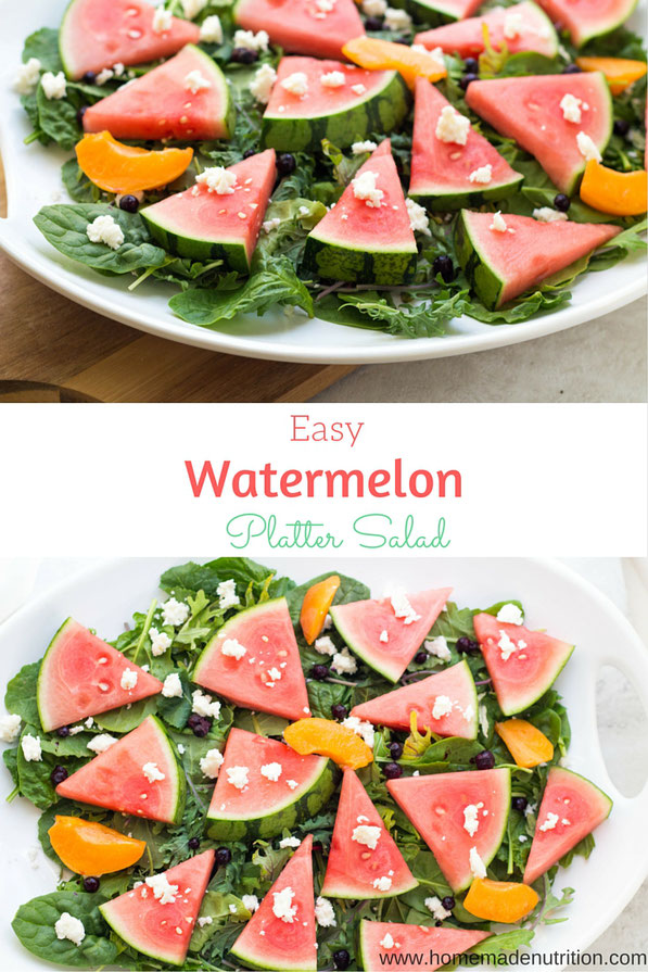 These easy summer platter salad featuring fresh watermelon is the perfect fresh seasonal dish to bring to bring to parties!  It’s simple, refreshing, and easy to customize to your taste!