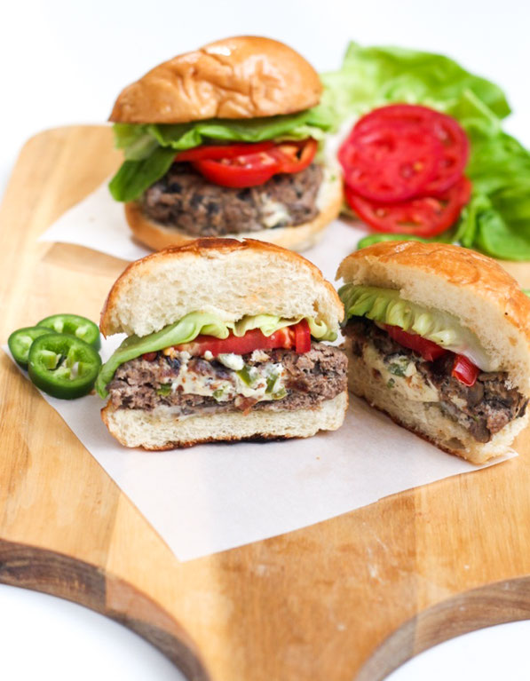 This lighter jalapeno popper-stuffed burger recipe made with diced mushrooms and beef is flavorful, juicy, and perfect for a weeknight dinner or family barbecue!