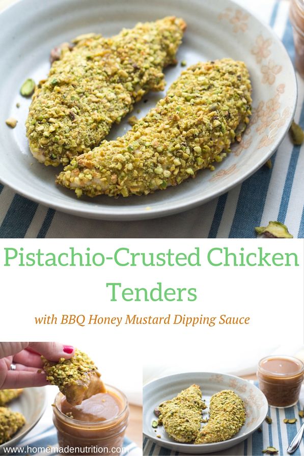 These healthy pistachio-crusted chicken tenders come together in just a few minutes, and the homemade BBQ honey-mustard dipping sauce is the perfect fun addition to this tasty dinner!