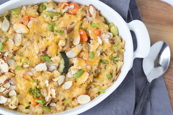 This easy brown rice and veggie casserole is made entirely from freezer and pantry staples!  It's a quick and healthy vegetarian recipe for a busy weeknight! 