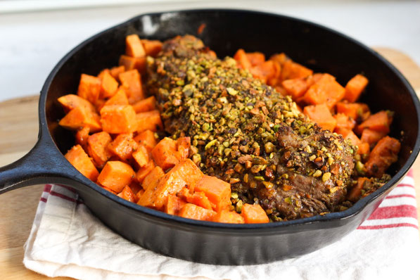 #AD This one-skillet pistachio crusted pork tenderloin recipe with roasted sweet potatoes is the perfect fast, healthy dinner!  It's also low carb and gluten free! 