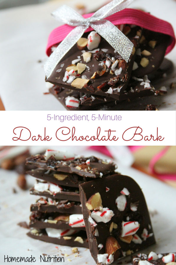 Homemade dark chocolate almond peppermint bark - This easy recipe is takes 5 minutes to make and is a beautiful holiday gift idea!