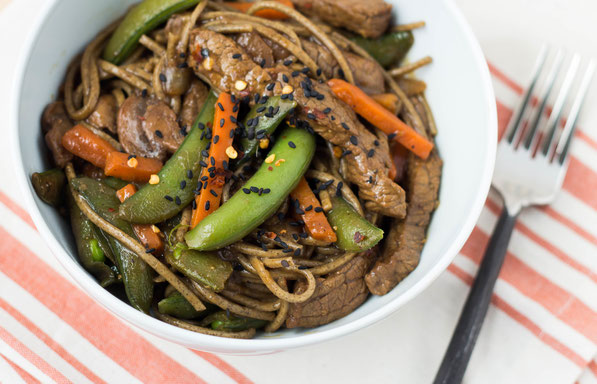 Frozen stir-fry vegetables and a delicious, easy-to-make marinade are the perfect addition to this quick beef, soba noodle, and veggie stir fry.  This recipe is healthy homemade fast food at it's finest!