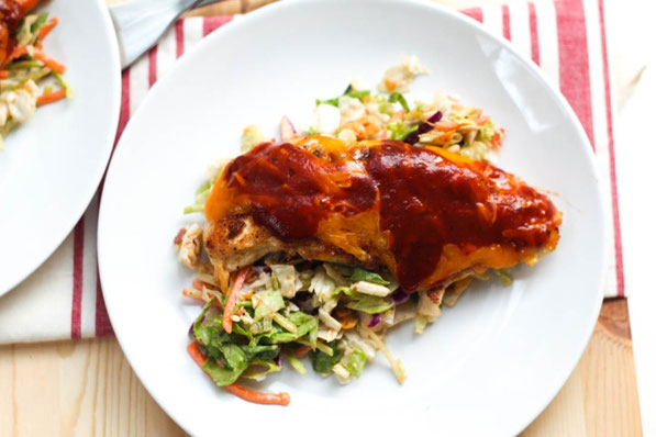 This easy cheesy barbecue chicken is the perfect healthy weeknight dinner recipe!  It's a family-friendly meal that's ready in just 15 minutes!