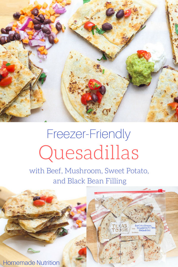 These freezer-friendly quesadillas are packed with protein plus a nutrition boost from the flavorful filling with beef, mushrooms, sweet potatoes, and black beans.  Great weeknight dinner recipe ready in 10 minutes! 