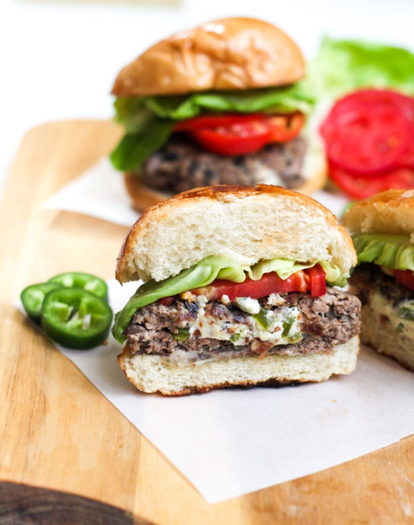 This lighter jalapeno popper-stuffed burger recipe made with diced mushrooms and beef is flavorful, juicy, and perfect for a weeknight dinner or family barbecue! 