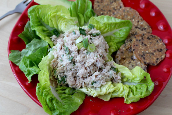 This no-mayo tuna salad is a light recipe that tastes like classic tuna salad!  It's the best high protein lunch that's ready in under 10 minutes!