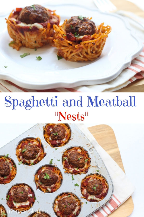 This fun version of spaghetti and meatballs is baked in a muffin tin to make "nests." It's a beautiful, perfectly portioned dinner the whole family will love! 