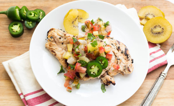 This kiwi-jalapeno marinated grilled chicken recipe with kiwi pico de gallo is the perfect blend of sweet and heat.  It’s a unique, fun, and healthy dinner that's just right for summer! #AD