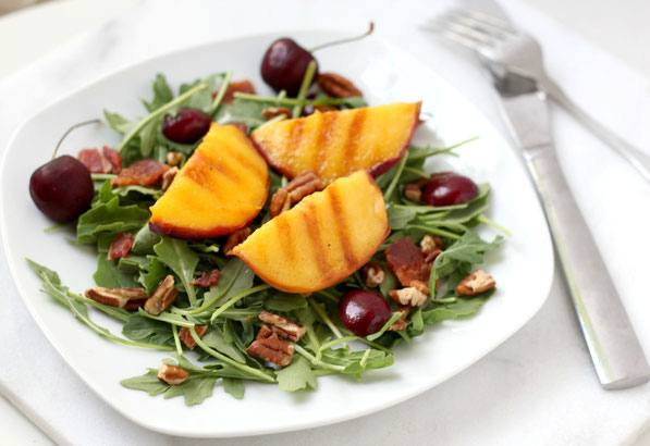 Easy grilled peach and arugula salad with cherries, pecans, and bacon.  So good! 