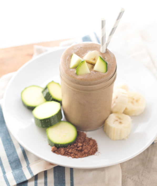 This creamy chocolate peanut butter smoothie with zucchini is a healthy way to start the day with a serving of veggies!  This recipe is gluten free, vegetarian, and absolutely delicious! 