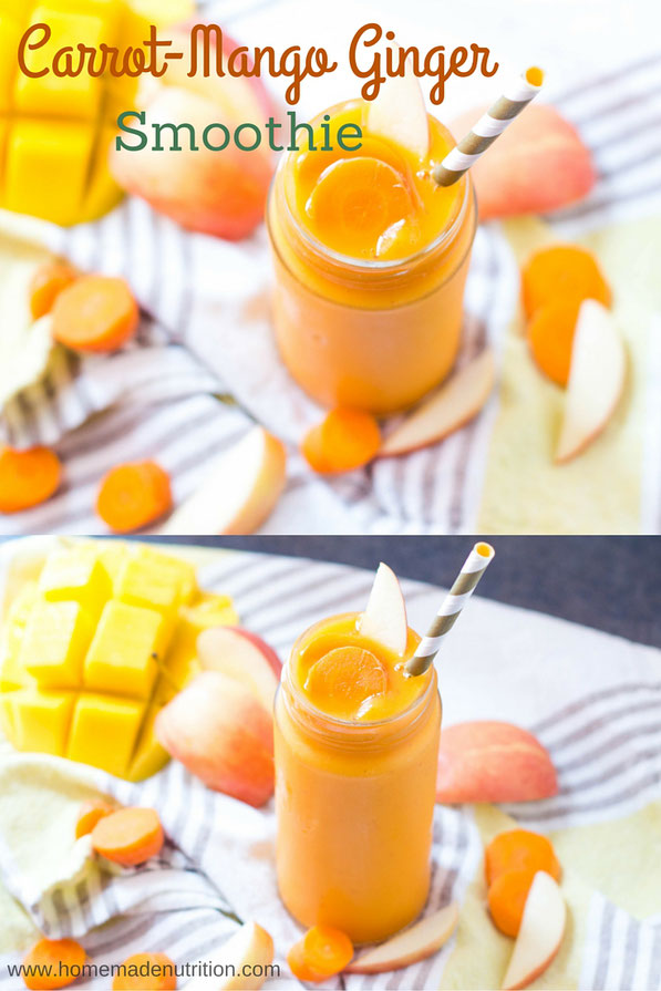 This vegan carrot, mango, and ginger smoothie is packed with vitamins, minerals and fiber.  It's a great way to add a refreshing boost of nutrition to a busy morning! 