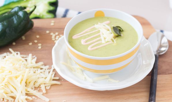 This light and creamy vegetarian roasted poblano white cheddar soup recipe takes only 30 minutes to make.  Perfect for a busy weeknight dinner! 