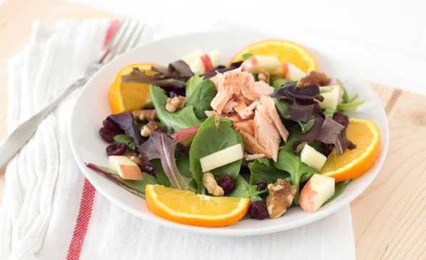 This bright, beautiful salad with salmon, walnuts, cranberries and oranges is the perfect easy healthy lunch or dinner!