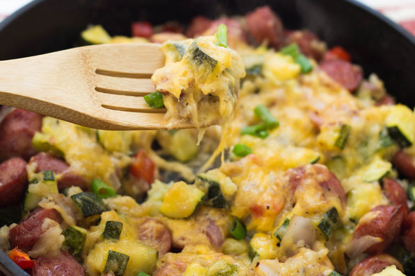 This one-skillet wonder with sausage, zucchini, and potatoes is a delicious (plus gluten free) dinner the whole family will love! 