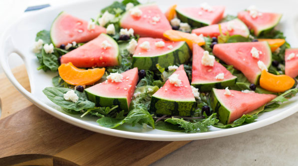 These easy summer platter salad featuring fresh watermelon is the perfect fresh seasonal dish to bring to bring to parties!  It’s simple, refreshing, and easy to customize to your taste!