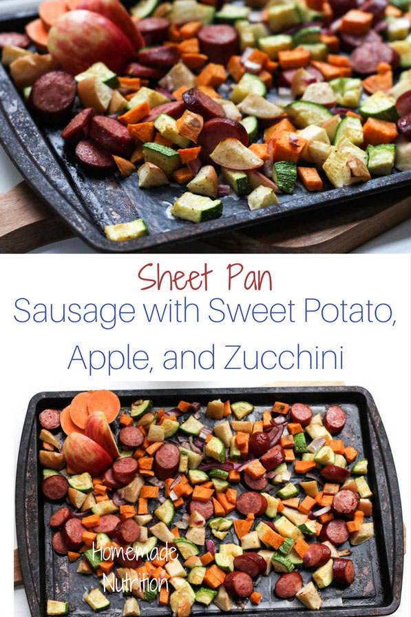 This easy gluten free sheet pan dinner made with turkey sausage,  sweet potatoes, apples, and zucchini is the perfect quick weeknight fall-inspired healthy dinner recipe! 