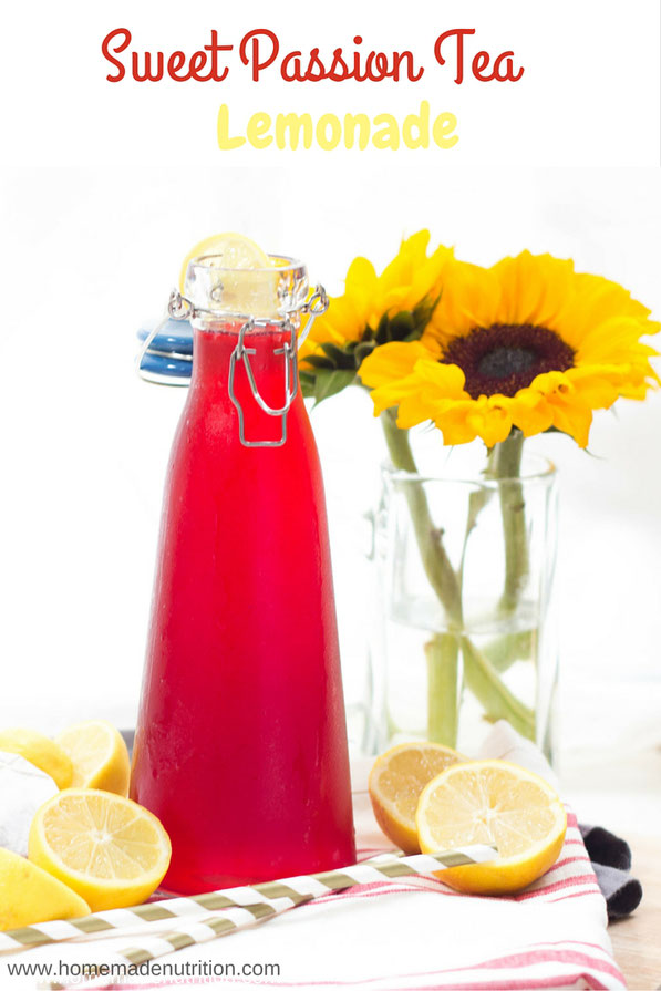 This easy passion tea lemonade recipe is perfect for entertaining or for a light, slightly sweet drink on a hot day.  #lemonade #tea #homemadenutrition