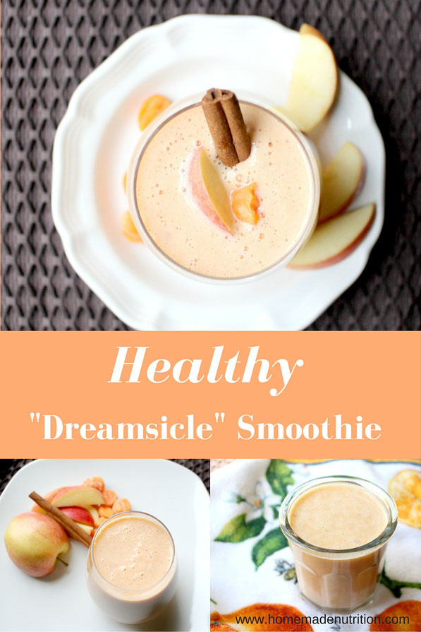 dreamsicle flavored healthy smoothie!  Carrots, apple, cinnamon, orange juice, and Greek yogurt.  so good! -  by homemade nutrition - www.homemadenutrition.com