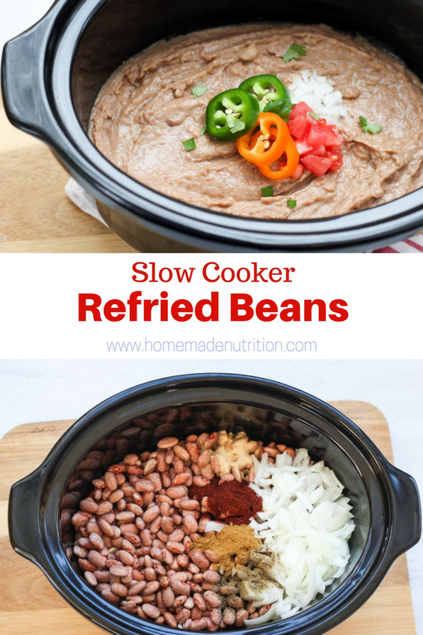 Creamy, flavorful refried beans are so easy to make in the slow cooker! These refried beans are a healthier, vegan version of classic refried beans that the whole family will love!