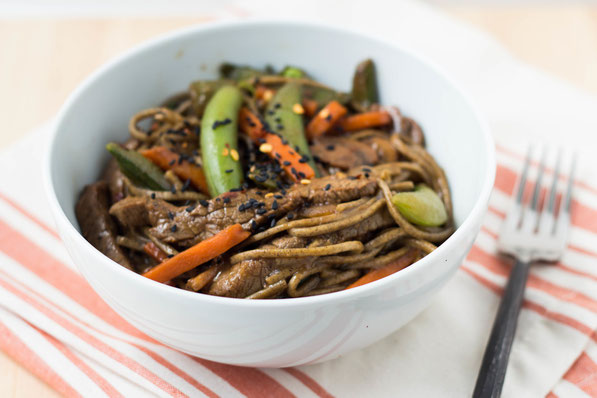 Frozen stir-fry vegetables and a delicious, easy-to-make marinade are the perfect addition to this quick beef, soba noodle, and veggie stir fry.  This recipe is healthy homemade fast food at it's finest!