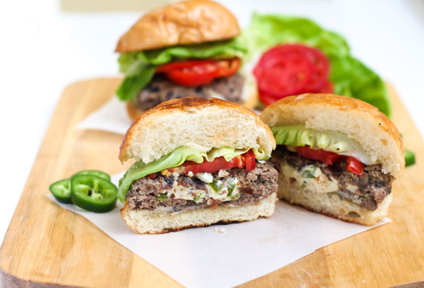This lighter jalapeno popper-stuffed burger recipe made with diced mushrooms and beef is flavorful, juicy, and perfect for a weeknight dinner or family barbecue!