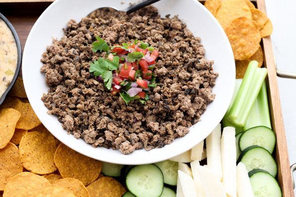 This is a three-in-one appetizer trio recipe everyone will love!  And the addition of finely diced mushrooms along with fresh veggie sides make it a lighter option full of flavor and beautiful color, perfect for holiday or game-time gatherings! 