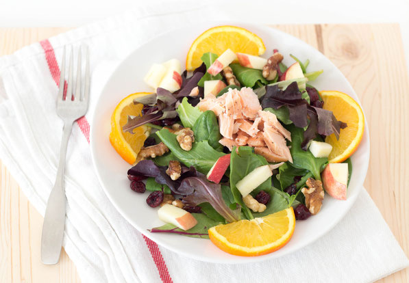 This bright, beautiful salad with salmon, walnuts, cranberries and oranges is the perfect easy healthy lunch or dinner!