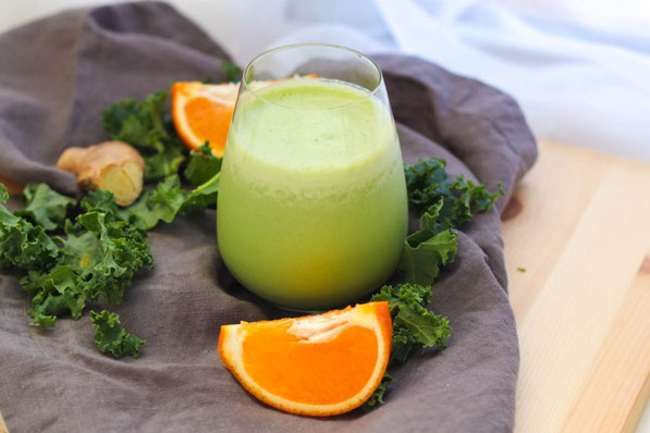 Kale, fresh ginger, and orange are a refreshing combination that makes this green smoothie completely satisfying and delicious!  Perfect healthy gluten free breakfast option! 