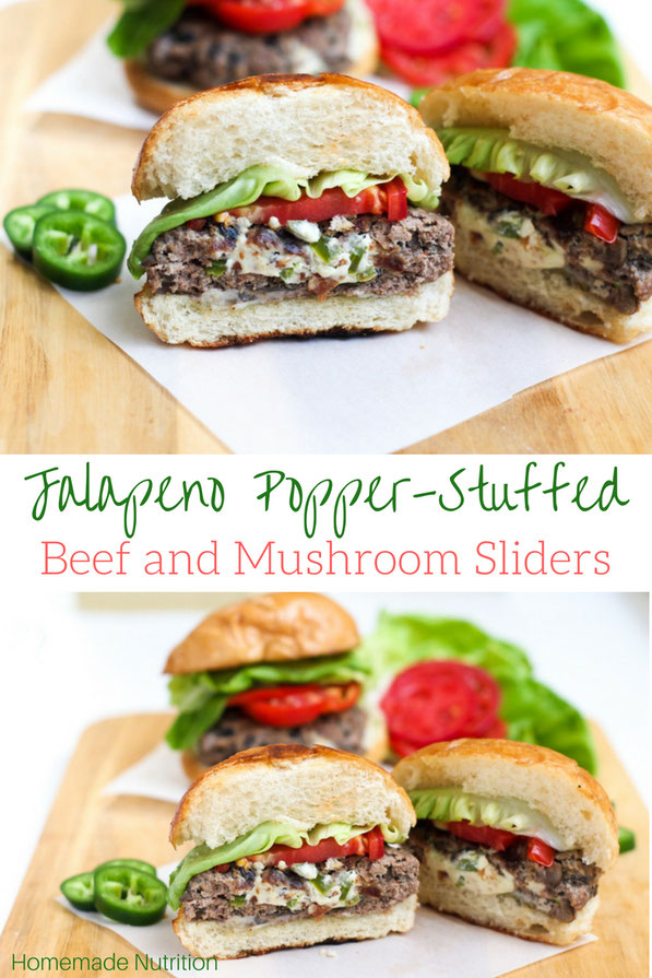 This lighter jalapeno popper-stuffed burger recipe made with diced mushrooms and beef is flavorful, juicy, and perfect for a weeknight dinner or family barbecue!