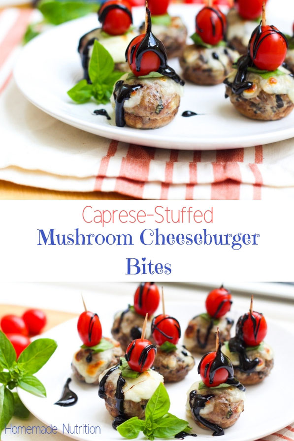 Caprese-stuffed mushroom cheeseburger bites are a fun, flavorful, and lighter appetizer perfect for football season!  #homemadenutrition #mushrooms #AD