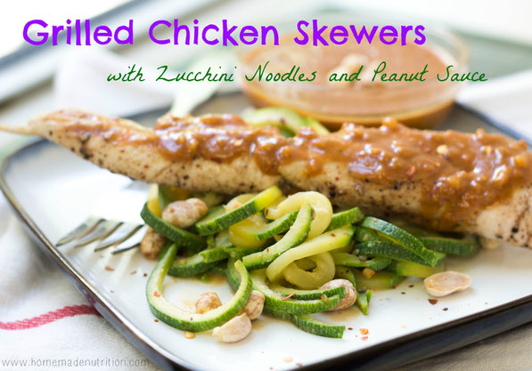 Zucchini noodles coated in a delicious peanut-sauce served with chicken skewers is a light and flavorful weeknight meal the whole family will love!