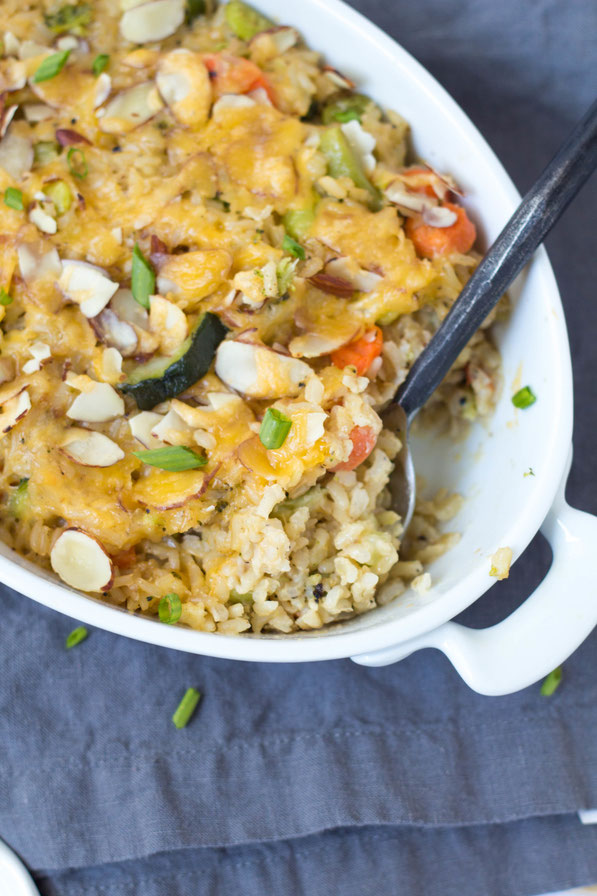 This easy brown rice and veggie casserole is made entirely from freezer and pantry staples!  It's a quick vegetarian dinner for a busy weeknight! 