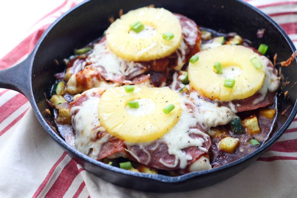 This flavorful one-skillet dinner with Hawaiian BBQ chicken and zucchini is sure to please the whole family!  It's an easy, gluten free, healthy dinner!  