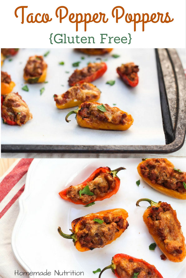 Taco pepper poppers are a fun mix between tacos and jalapeno poppers. Sweet mini peppers make this a flavorful family-friendly (non-spicy) option for dinner, snacks, or appetizers. Perfect healthy game-watching recipe!