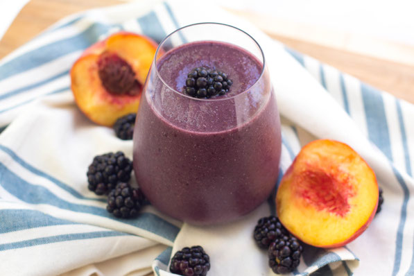 Blackberries and peaches are the perfect base for this creamy smoothie!  It's a healthy summer breakfast recipe that's refreshing and light! 