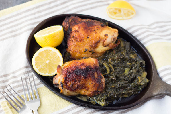 This easy lemon-garlic chicken dinner recipe with creamed spinach for two is the perfect go-to for a busy weeknight!  This chicken is also super moist and tastes like homemade rotisserie chicken.  :) 