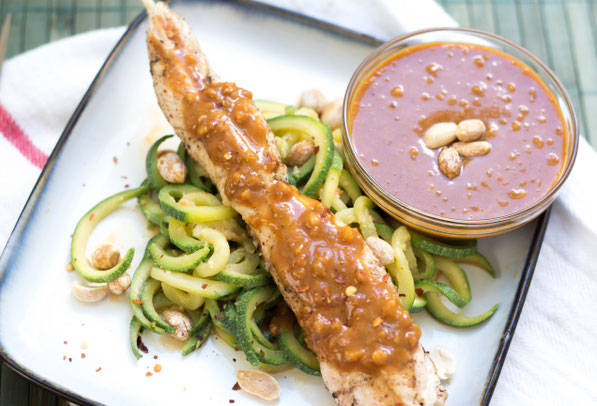 Zucchini noodles coated in a delicious peanut-sauce served with chicken skewers is a light and flavorful weeknight meal the whole family will love!