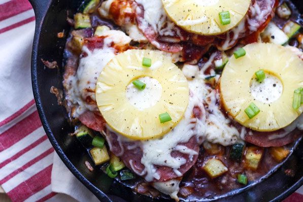 This flavorful one-skillet dinner with Hawaiian BBQ chicken and zucchini is sure to please the whole family!  It's an easy, gluten free, healthy dinner!  