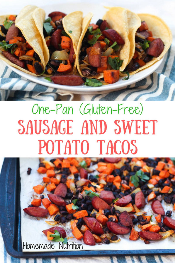 Sausage, sweet potato, onions, and black beans roast together  beautifully on a baking sheet to create the base of these delicious  (and gluten free) one-pan tacos for two!  