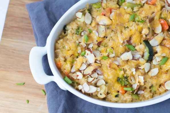 This easy brown rice and veggie casserole is made entirely from freezer and pantry staples!  It's a quick and healthy vegetarian recipe for a busy weeknight! 