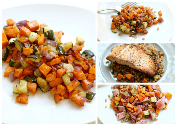 This is the most popular combination of roasted veggies I make for my family. It also happens to be really easy to make, and there are simple additions to make these beautiful veggies into multiple meals for the week!